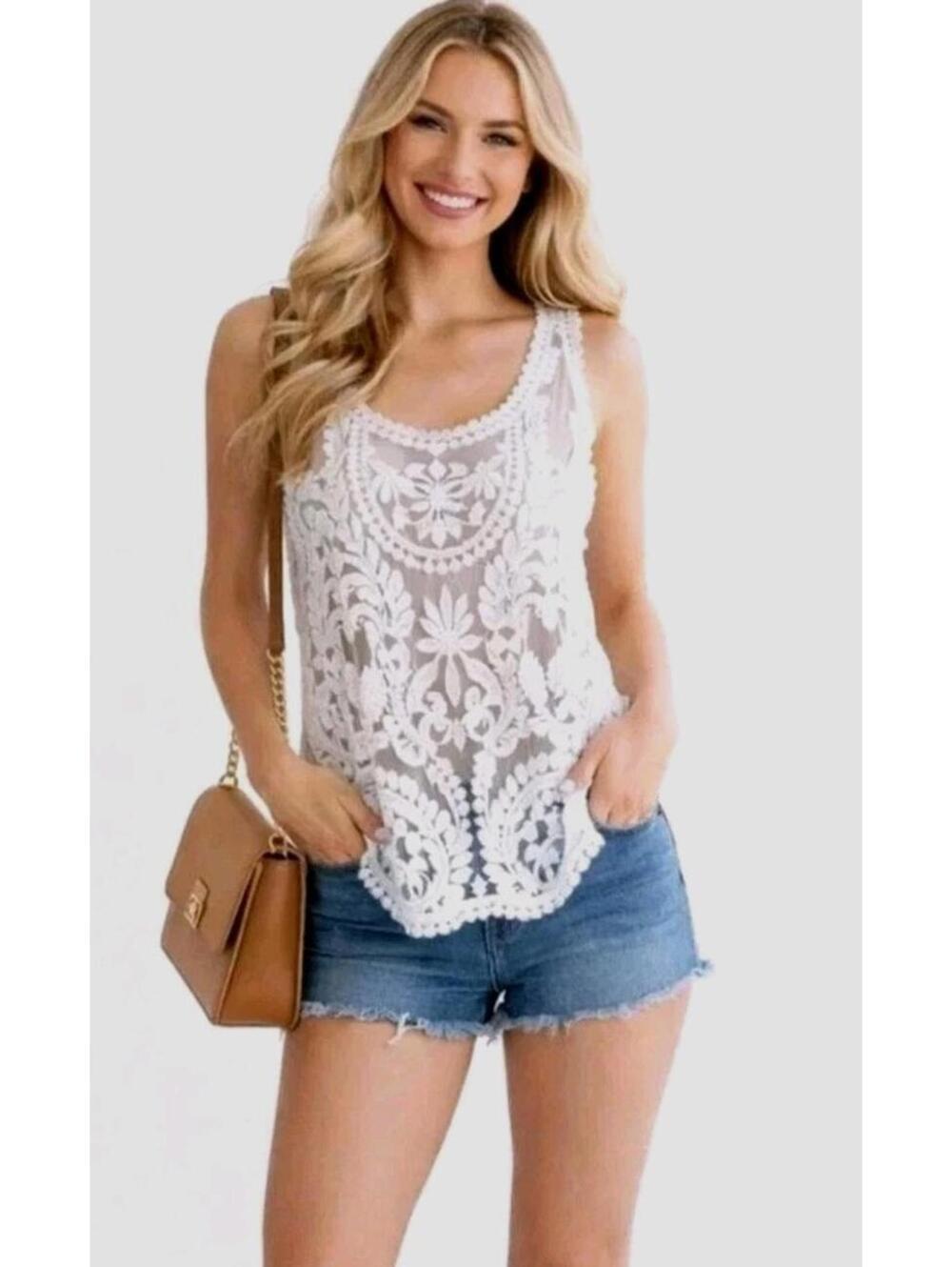 Kapp Studio Sheer Crochet Mesh Lace Sleeveless Top Size LX Boho Cottage Fairy
